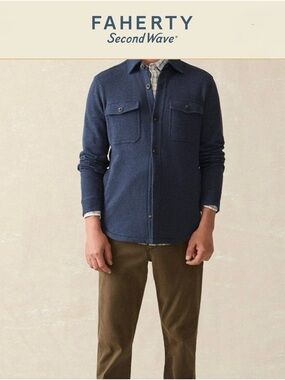 Faherty Navy Twill Button-Up Shirt Jacket